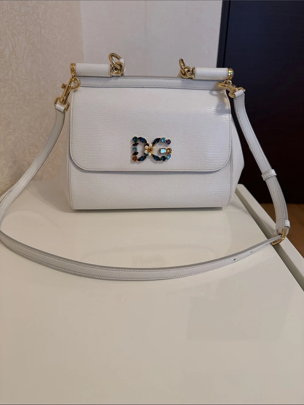 Dolce & Gabbana White Textured Satchel with Jeweled DG Logo